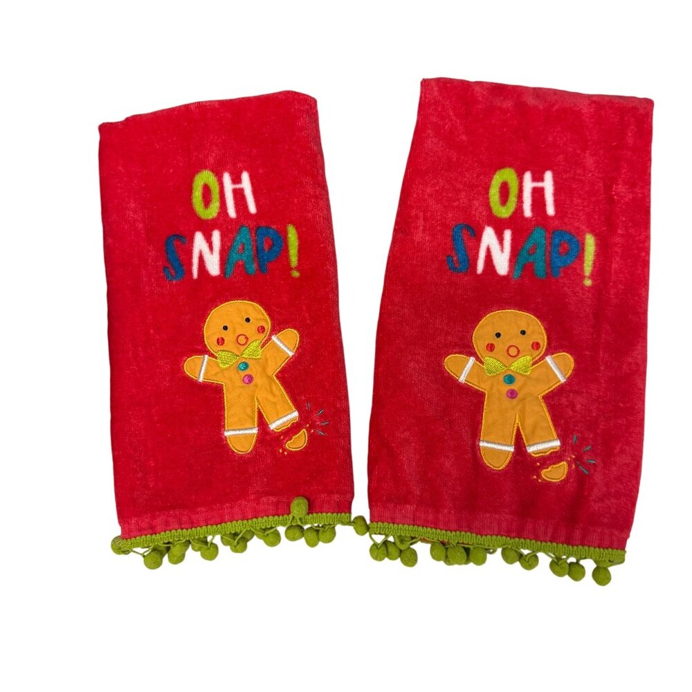 Holiday Decorative Hand Towels Set Of 2 "Oh Snap!" Gingerbread Design With Pom-P - Picture 1 of 5